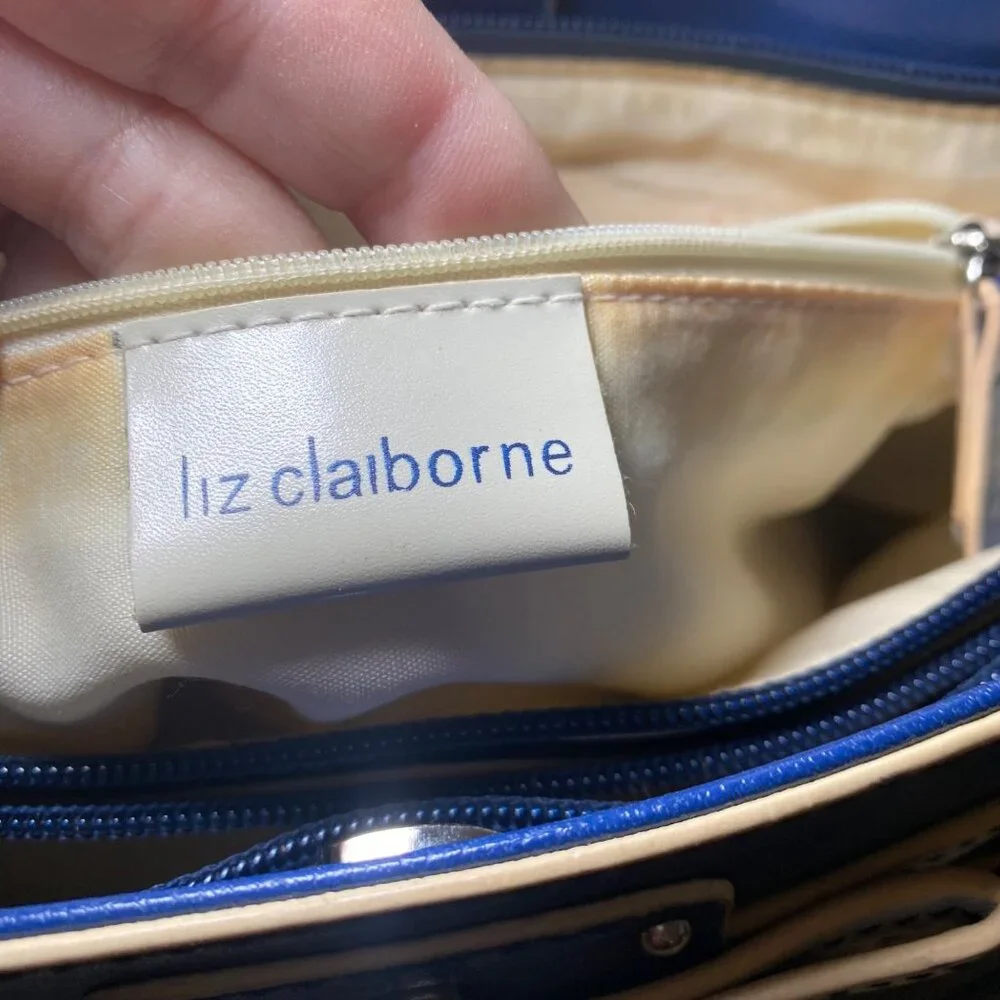 Vtg Liz Claiborne Blue Faux Leather Handbag With White Accent Bow & Dual Handles